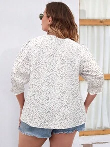 SHEIN LUNE Áo sơ mi Plus Size viền lá sen Dải chun Họa tiết hoa Boho - trắng - Xem 2