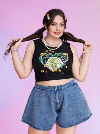 Atosha Talla grande Top tank con estampado de corazón y letra