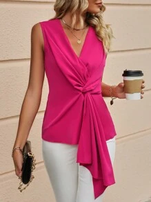 SHEIN Clasi 素色前扭結無袖襯衫 - 玫紅色 - 查看 4