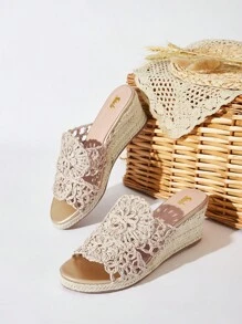 SheIn VCAY 女性極簡風格編織細節編織坡跟涼鞋,度假夏天涼鞋 - 杏色 - 查看 2