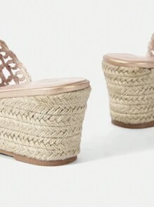 SheIn VCAY 女性極簡風格編織細節編織坡跟涼鞋,度假夏天涼鞋 - 杏色 - 查看 5