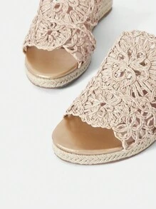 SheIn VCAY 女性極簡風格編織細節編織坡跟涼鞋,度假夏天涼鞋 - 杏色 - 查看 6