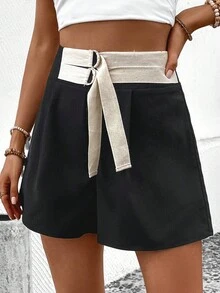 SHEIN LUNE Two Tone Fold Pleated Detail Shorts - Black - View 6