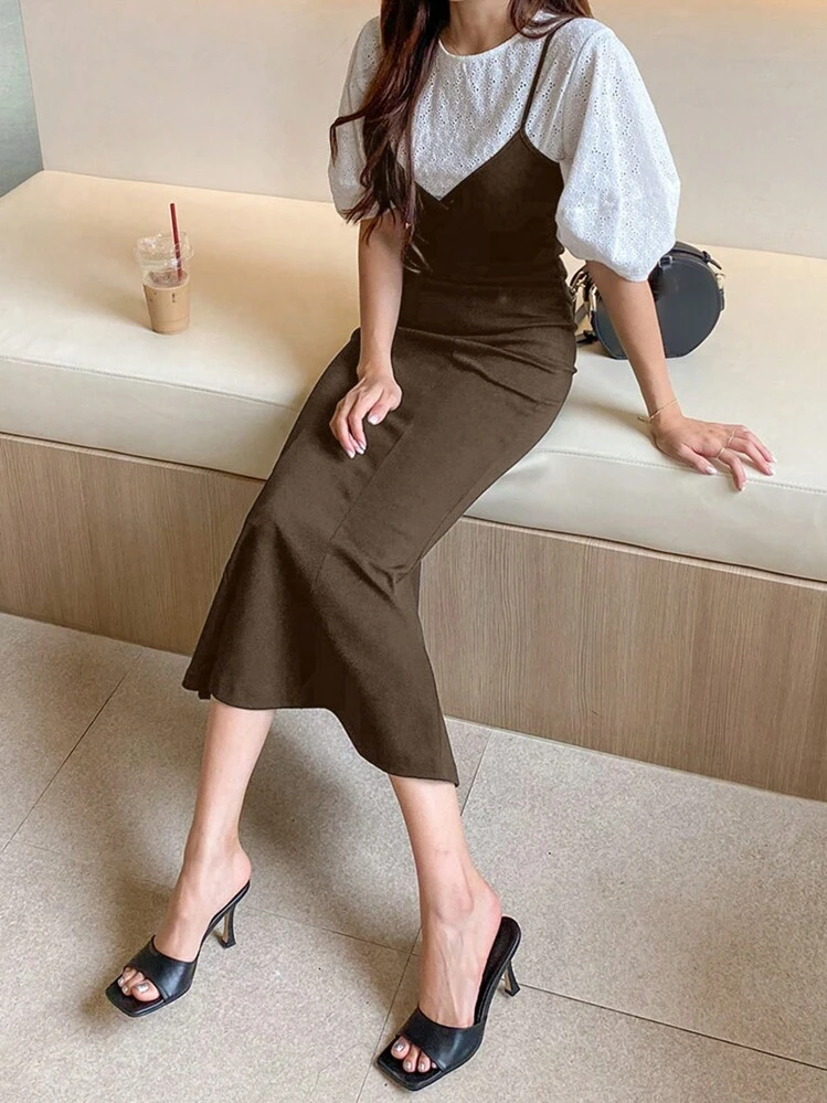 DAZY 素色魚尾裙下擺吊帶洋裝 - 巧克力棕 - 查看 6