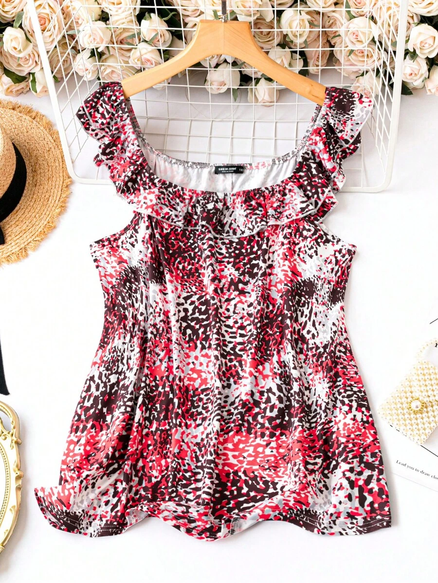 SHEIN Unity Hơn In Toàn bộ Viền Ruffle Cami ngọn - Nhiều màu - Xem 1