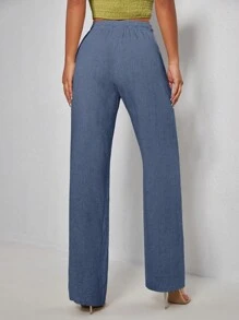 SHEIN PETITE Quần nữ Dây kéo màu trơn Giải trí - Màu xanh hải quân - Xem 2