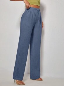 SHEIN PETITE Quần nữ Dây kéo màu trơn Giải trí - Màu xanh hải quân - Xem 3