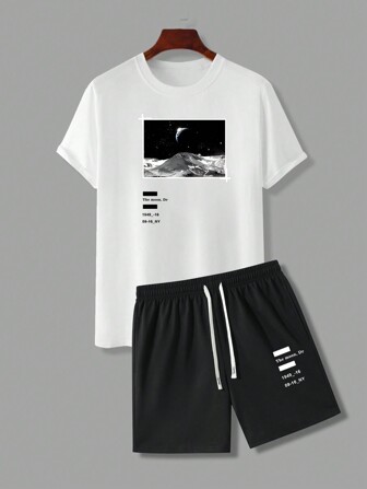 Men Letter Graphic Tee & Drawstring Waist Shorts