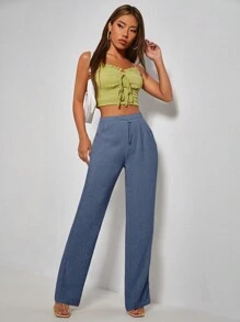 SHEIN PETITE Quần nữ Dây kéo màu trơn Giải trí - Màu xanh hải quân - Xem 4