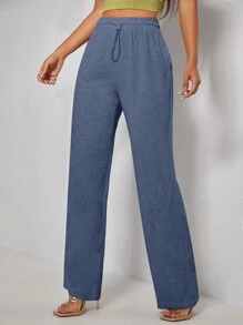 SHEIN PETITE Quần nữ Dây kéo màu trơn Giải trí - Màu xanh hải quân - Xem 5