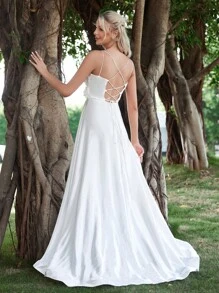 貼花後背十字交叉緞面吊帶婚紗連衣裙 - 白色 - 查看 2