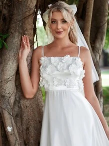 貼花後背十字交叉緞面吊帶婚紗連衣裙 - 白色 - 查看 5