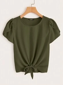 SHEIN LUNE 花瓣袖下擺打結上衣 - 軍綠色 - 查看 1