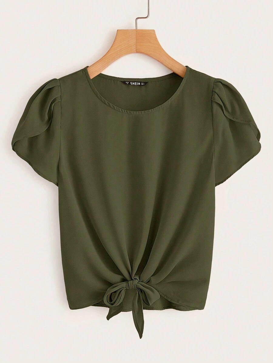 SHEIN LUNE 花瓣袖下擺打結上衣 - 軍綠色 - 查看 1