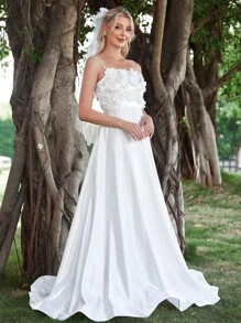 貼花後背十字交叉緞面吊帶婚紗連衣裙 - 白色 - 查看 6