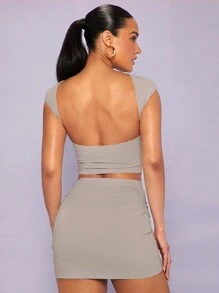 SHEIN BAE Solid Crop Tee & Bodycon Skirt - Grey - View 2