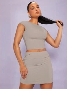 SHEIN BAE Solid Crop Tee & Bodycon Skirt - Grey - View 3