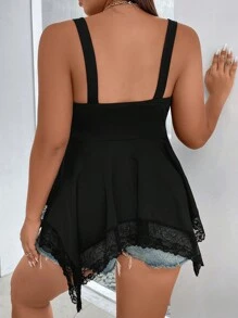 SHEIN Clasi Plus Heart Ring Detail Contrast Lace Asymmetrical Hem Cami Top - Black - View 3