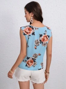 SHEIN LUNE Áo sơ mi nữ Cắt ra Sò điệp Hoa Boho - Màu xanh nhạt - Xem 2