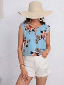 SHEIN LUNE Áo sơ mi nữ Cắt ra Sò điệp Hoa Boho - Màu xanh nhạt - Xem 3