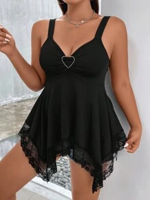 SHEIN Clasi Plus Heart Ring Detail Contrast Lace Asymmetrical Hem Cami Top - Black - View 5