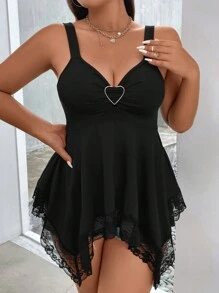 SHEIN Clasi Plus Heart Ring Detail Contrast Lace Asymmetrical Hem Cami Top - Black - View 1