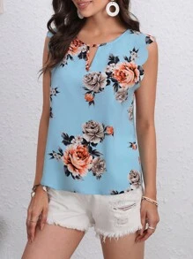 SHEIN LUNE Áo sơ mi nữ Cắt ra Sò điệp Hoa Boho - Màu xanh nhạt - Xem 5