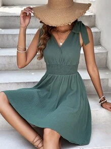 SHEIN Frenchy Đầm Thắt nút Trọn gói Dải chun màu trơn Giải trí - màu xanh lá - Xem 2