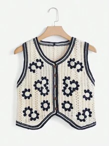 Soleia Áo len nữ vest Nút phía trước Hoa Giải trí - Màu xanh hải quân - Xem 1