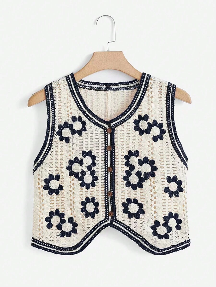 Soleia Áo len nữ vest Nút phía trước Hoa Giải trí - Màu xanh hải quân - Xem 1