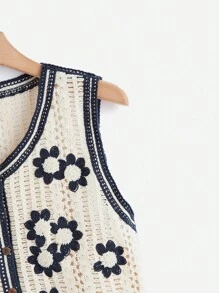 Soleia Áo len nữ vest Nút phía trước Hoa Giải trí - Màu xanh hải quân - Xem 3