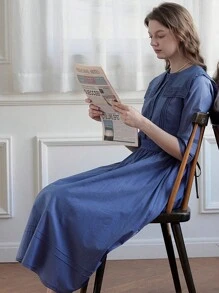 Simple Retro Đầm Nút Túi màu trơn Giải trí - Màu xanh lam - Xem 1