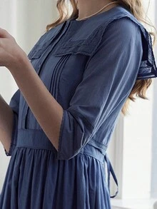 Simple Retro Đầm Nút Túi màu trơn Giải trí - Màu xanh lam - Xem 3