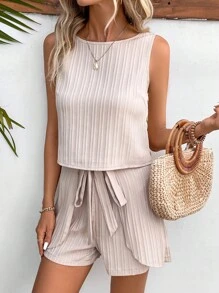 SHEIN Frenchy Button Detail Tank Top & Tie Front Shorts Summer Casual - Apricot - View 5