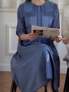 Simple Retro Đầm Nút Túi màu trơn Giải trí - Màu xanh lam - Xem 5