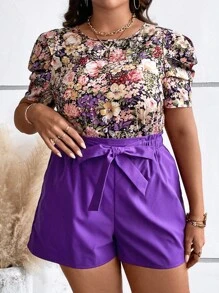 SHEIN LUNE Hơn In hoa Ống tay áo Áo & Quần Short có thắt lưng - Nhiều màu - Xem 6