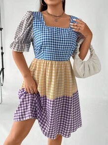 SHEIN Holidaya Đầm Plus Size Xù Viên lá sen Kẻ sọc Giải trí - Nhiều màu - Xem 2