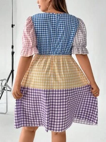 SHEIN Holidaya Đầm Plus Size Xù Viên lá sen Kẻ sọc Giải trí - Nhiều màu - Xem 3