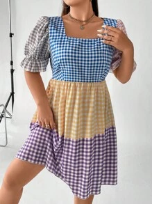 SHEIN Holidaya Đầm Plus Size Xù Viên lá sen Kẻ sọc Giải trí - Nhiều màu - Xem 4