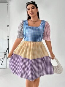 SHEIN Holidaya Đầm Plus Size Xù Viên lá sen Kẻ sọc Giải trí - Nhiều màu - Xem 5