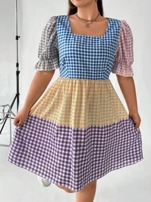 SHEIN Holidaya Đầm Plus Size Xù Viên lá sen Kẻ sọc Giải trí - Nhiều màu - Xem 1