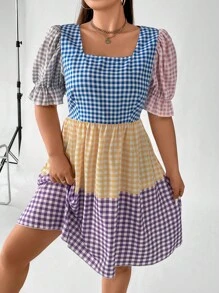 SHEIN Holidaya Đầm Plus Size Xù Viên lá sen Kẻ sọc Giải trí - Nhiều màu - Xem 6