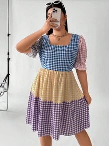 SHEIN Holidaya Đầm Plus Size Xù Viên lá sen Kẻ sọc Giải trí - Nhiều màu - Xem 8