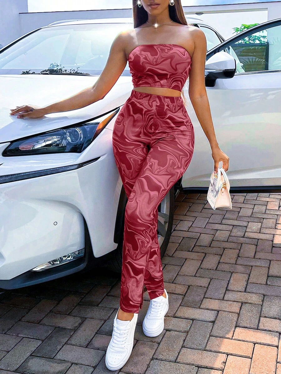 VaVaBold Marble Print Tube Top & Leggings - Burgundy - View 1