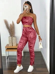 VaVaBold Marble Print Tube Top & Leggings - Burgundy - View 4