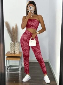 VaVaBold Marble Print Tube Top & Leggings - Burgundy - View 5