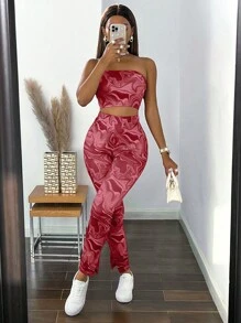 VaVaBold Marble Print Tube Top & Leggings - Burgundy - View 6