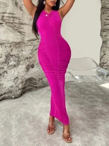 SHEIN Slayr 素色褶邊緊身連衣裙 - 玫紅色 - 查看 4