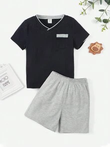 SHEIN 小男童滾邊T恤和短褲睡衣套裝 - 彩色 - 查看 3