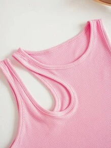 INAWLY Solid Cut Out Shoulder Ribbed Knit Tank Top For Summer - Baby Pink - View 4